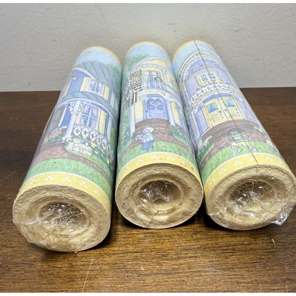 VTG Victorian Village Pasted Wallpaper Boarder Cottage Pastel 3 Rolls 15 Yd  90s - Picture 6 of 7